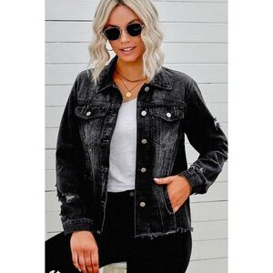 NWT The Nu Vintage Black Foil Denim Distressed Jean Jacket Large